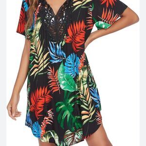 Ekouaer Tropical Leaf Print Tunic Dress XL NWT Tassel Tie Beach Cover Up
